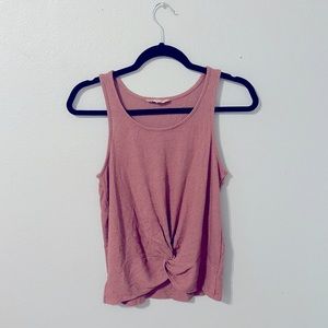 Pinkish-red shirt with crossover bottom